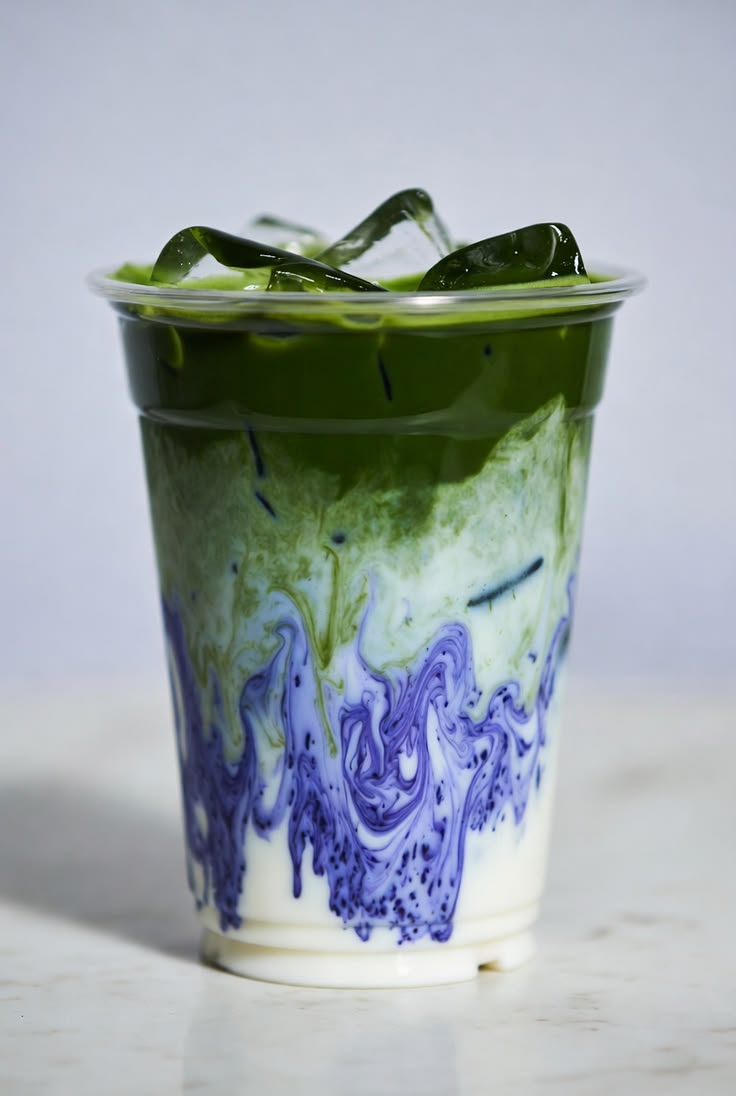 Ube and matcha layered latte